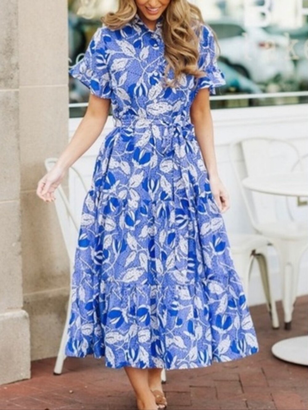 J.Marie Kaia Midi Ruffle Tiered Midi Buttons Shirt Dress Blue White S Pockets